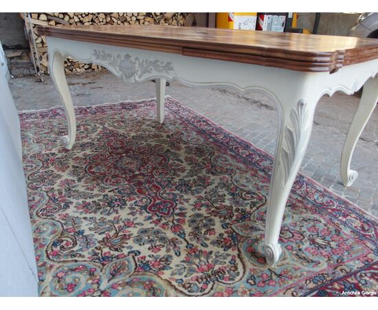 GRANDE TAVOLO A TIRO IN NOCE LACCATO STILE PROVENZALE   cm L163xP98xH76  aperto cm 253