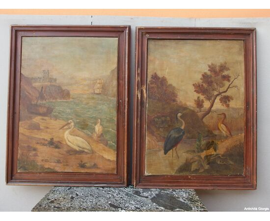 COPIA DI QUADRI SU OLIO SU TELA RAFFIGURANTI UCCELLI EPOCA FINE 800