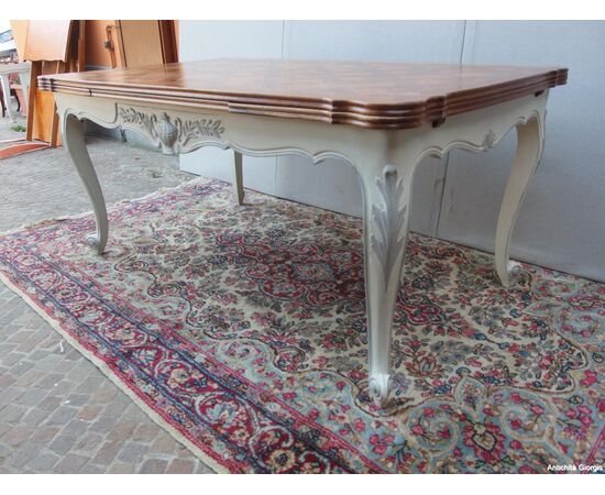 GRANDE TAVOLO A TIRO IN NOCE LACCATO STILE PROVENZALE   cm L163xP98xH76  aperto cm 253