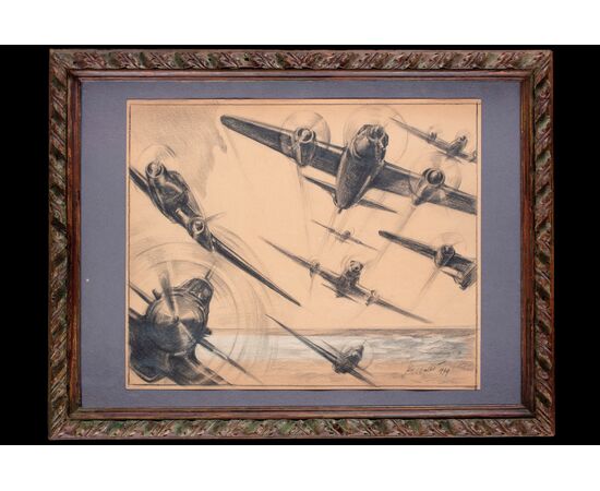 Duilio Barnabè (Bologna 1914 - French Alps, Chamonix-Mont-Blanc 1961), Drawing depicting airplanes in flight, 1939