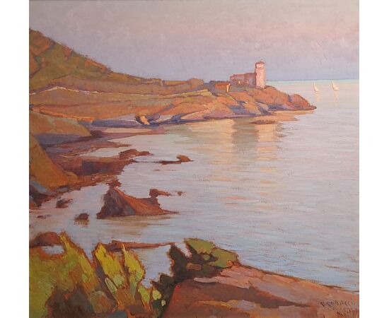 SEASCAPE WITH ROCK AND TOWER AT SUNSET - RENUCCIO RENUCCI (1880 - 1947)