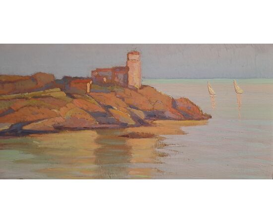 SEASCAPE WITH ROCK AND TOWER AT SUNSET - RENUCCIO RENUCCI (1880 - 1947)