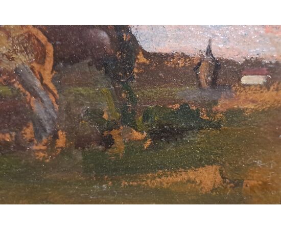 HORSES IN LANDSCAPE - OIL ON PANEL - GIOVANNI BARTOLENA (Livorno 1866 – 1942)