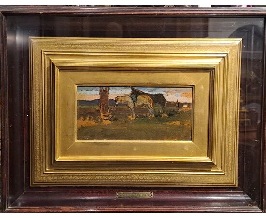 HORSES IN LANDSCAPE - OIL ON PANEL - GIOVANNI BARTOLENA (Livorno 1866 – 1942)