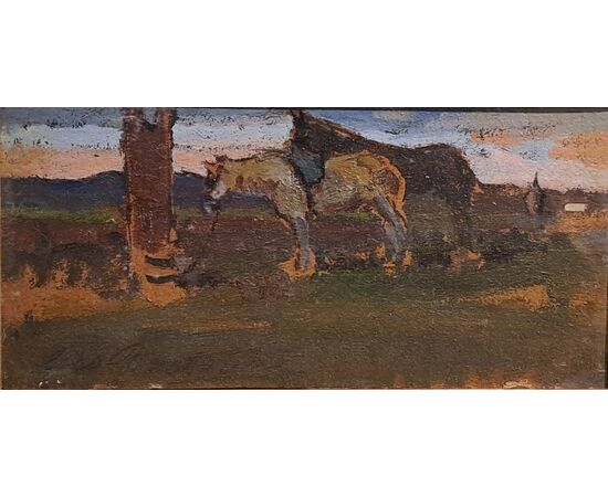 HORSES IN LANDSCAPE - OIL ON PANEL - GIOVANNI BARTOLENA (Livorno 1866 – 1942)
