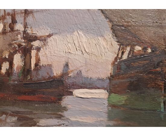 MARINA CON VELIERO - RENUCCIO RENUCCI (LIVORNO 1880 - 1947)