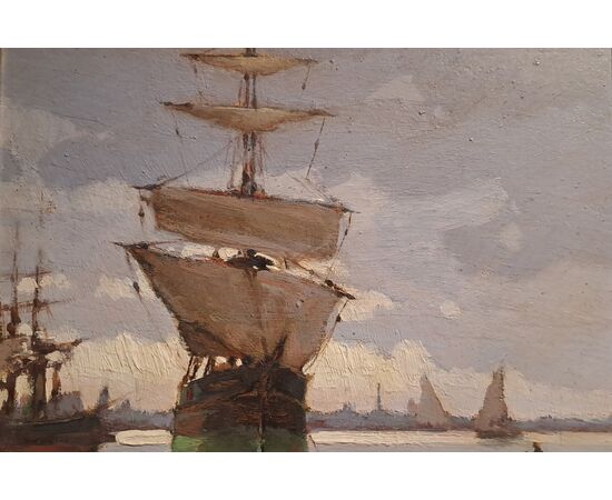 MARINA CON VELIERO - RENUCCIO RENUCCI (LIVORNO 1880 - 1947)