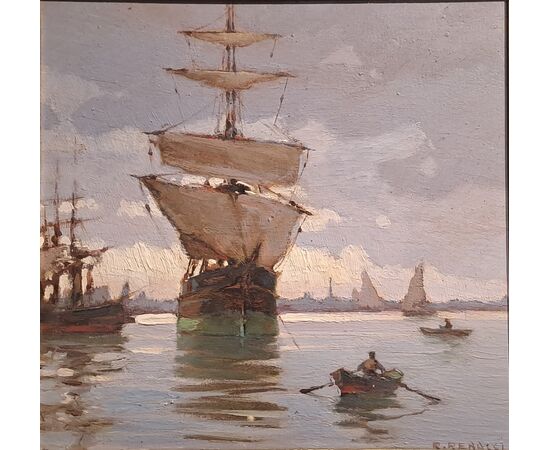 MARINA CON VELIERO - RENUCCIO RENUCCI (LIVORNO 1880 - 1947)
