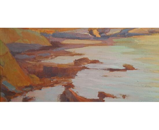 SEASCAPE WITH ROCK AND TOWER AT SUNSET - RENUCCIO RENUCCI (1880 - 1947)