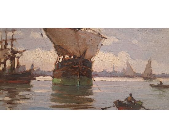 MARINA CON VELIERO - RENUCCIO RENUCCI (LIVORNO 1880 - 1947)