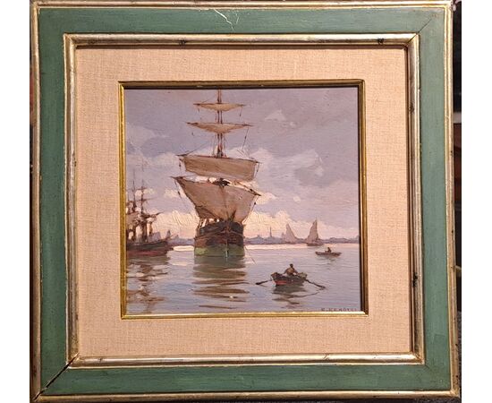 MARINA CON VELIERO - RENUCCIO RENUCCI (LIVORNO 1880 - 1947)