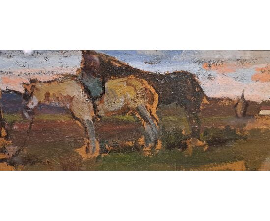 HORSES IN LANDSCAPE - OIL ON PANEL - GIOVANNI BARTOLENA (Livorno 1866 – 1942)