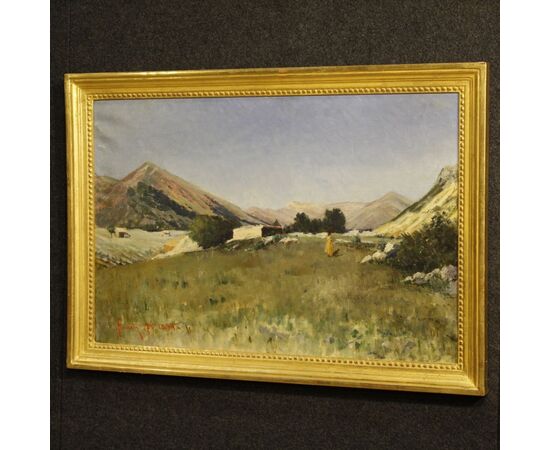 Ancient painted Italian landscape with hunter dated 1899     
