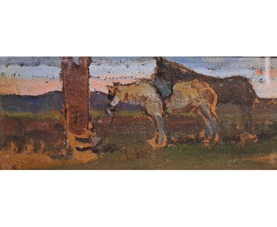 HORSES IN LANDSCAPE - OIL ON PANEL - GIOVANNI BARTOLENA (Livorno 1866 – 1942)