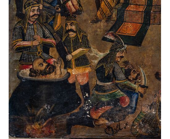 Rare and singular oriental painting depicting torture inflicted on the defeated - Probable 17th century - oil on canvas