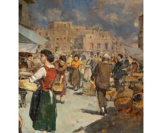 Mercato napoletano - Dipinto firmato - XX secolo - olio su tela