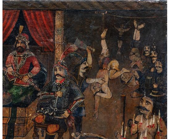 Rare and singular oriental painting depicting torture inflicted on the defeated - Probable 17th century - oil on canvas