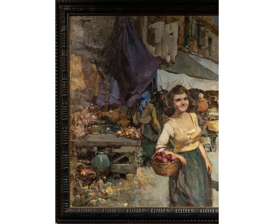 Mercato napoletano - Dipinto firmato - XX secolo - olio su tela