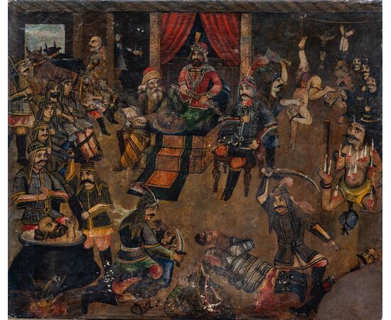 Rare and singular oriental painting depicting torture inflicted on the defeated - Probable 17th century - oil on canvas