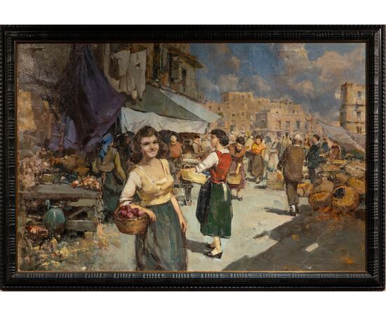 Mercato napoletano - Dipinto firmato - XX secolo - olio su tela