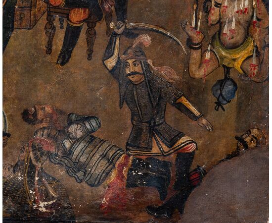 Raro e singolare dipinto orientale ritraente torture inflitte agli sconfitti - Probabile XVII secolo - olio su tela