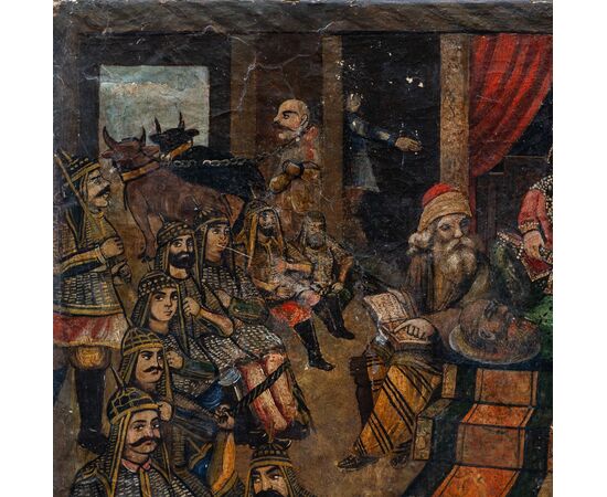 Rare and singular oriental painting depicting torture inflicted on the defeated - Probable 17th century - oil on canvas