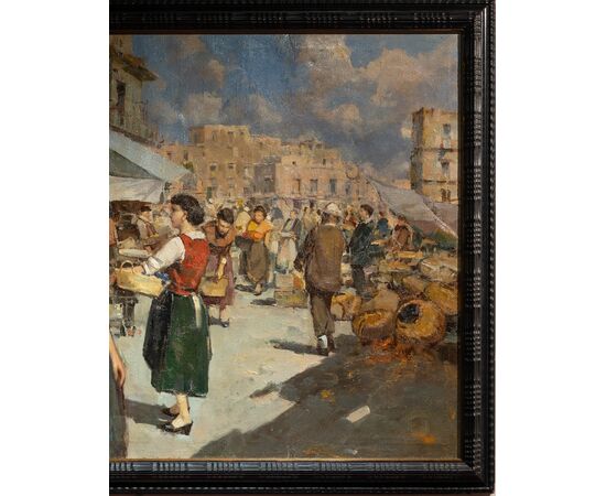 Mercato napoletano - Dipinto firmato - XX secolo - olio su tela