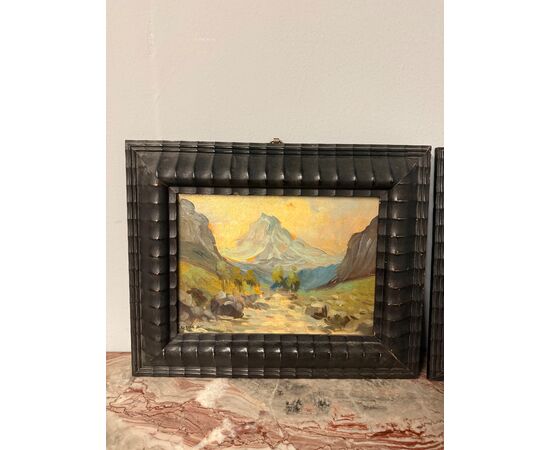 Antica coppia di dipinti olio su tavola, '800, 29x32cm, paesaggi di montagna, firmato.