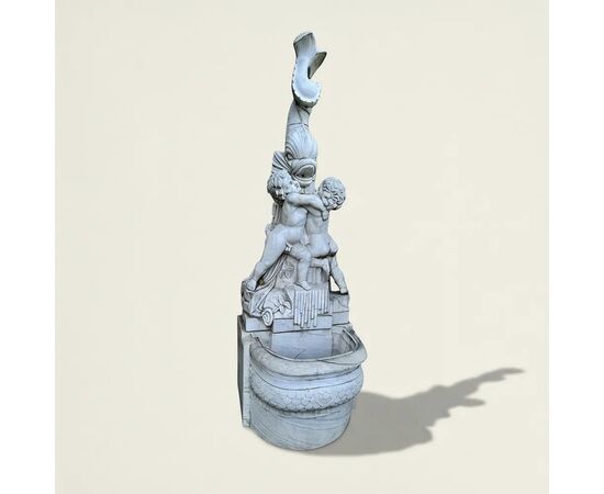 
Fontana da muro in marmo bianco con putti e delfino, XX secolo