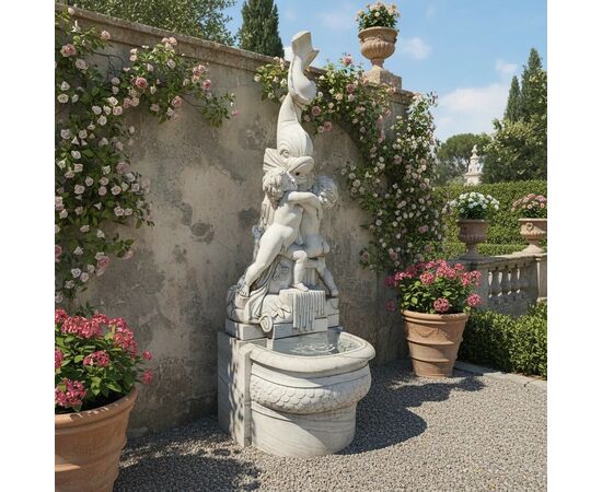 
Fontana da muro in marmo bianco con putti e delfino, XX secolo