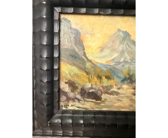 Antica coppia di dipinti olio su tavola, '800, 29x32cm, paesaggi di montagna, firmato.