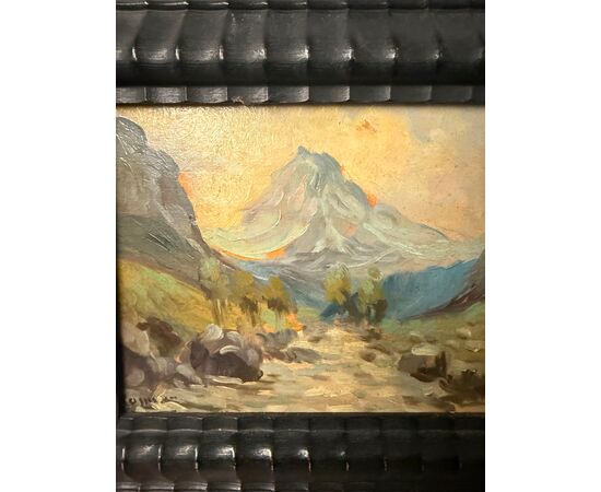 Antica coppia di dipinti olio su tavola, '800, 29x32cm, paesaggi di montagna, firmato.