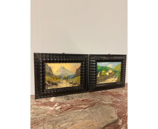 Antica coppia di dipinti olio su tavola, '800, 29x32cm, paesaggi di montagna, firmato.
