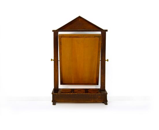 Psiche da tavolo in noce e intarsi in legni diversi, prima metà del XIX secolo