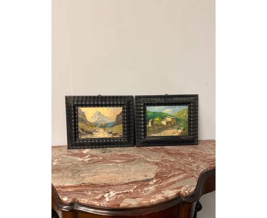 Antica coppia di dipinti olio su tavola, '800, 29x32cm, paesaggi di montagna, firmato.