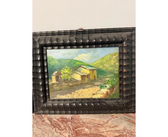 Antica coppia di dipinti olio su tavola, '800, 29x32cm, paesaggi di montagna, firmato.
