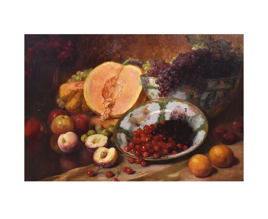 DIPINTI ANTICHI, NATURA MORTA CON FRUTTA, UVA, CILIEGIE, PESCHE E ZUCCA, OLIO SU TELA, XIX SECOLO. (QNM666)