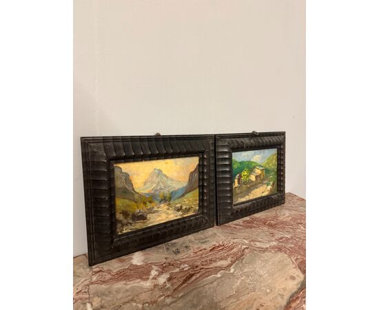 Antica coppia di dipinti olio su tavola, '800, 29x32cm, paesaggi di montagna, firmato.