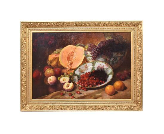 DIPINTI ANTICHI, NATURA MORTA CON FRUTTA, UVA, CILIEGIE, PESCHE E ZUCCA, OLIO SU TELA, XIX SECOLO. (QNM666)