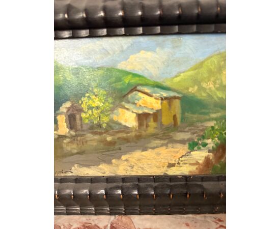 Antica coppia di dipinti olio su tavola, '800, 29x32cm, paesaggi di montagna, firmato.