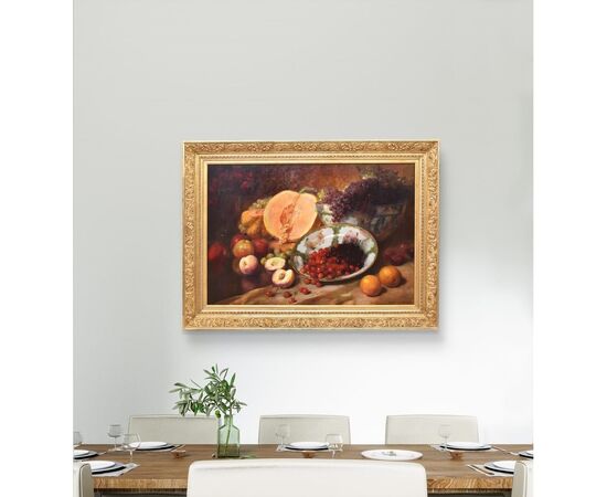DIPINTI ANTICHI, NATURA MORTA CON FRUTTA, UVA, CILIEGIE, PESCHE E ZUCCA, OLIO SU TELA, XIX SECOLO. (QNM666)