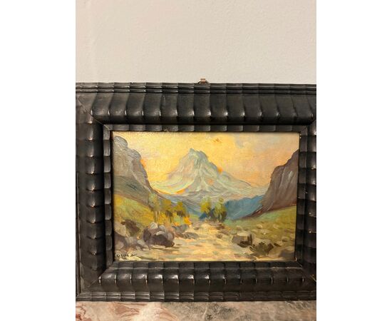 Antica coppia di dipinti olio su tavola, '800, 29x32cm, paesaggi di montagna, firmato.