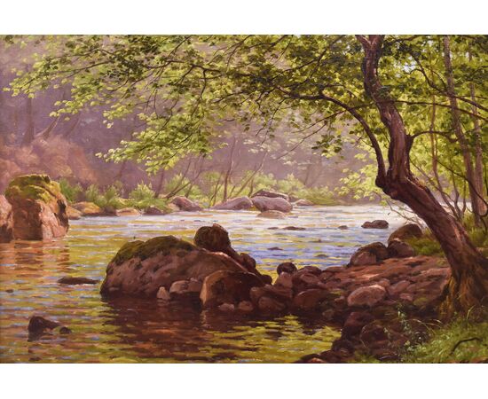 DIPINTI ANTICHI PAESAGGI CON FIUME, EDMOND HIS, OLIO SU TELA, PRIMI DEL NOVECENTO. (QP703)