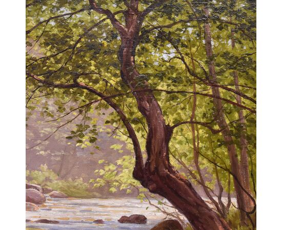 DIPINTI ANTICHI PAESAGGI CON FIUME, EDMOND HIS, OLIO SU TELA, PRIMI DEL NOVECENTO. (QP703)