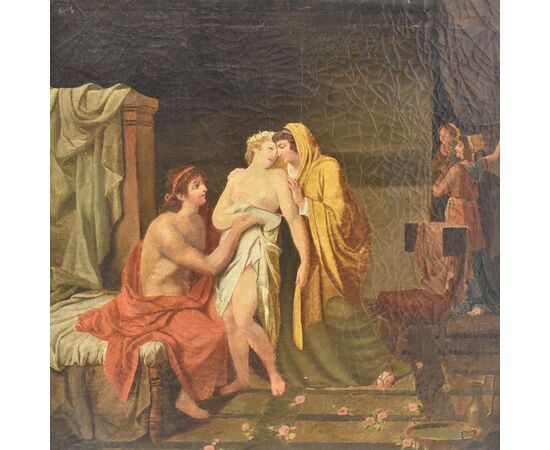 QUADRI ANTICHI, MITOLOGIA GRECA, PARIDE ED ELENA CON AFRODITE, OLIO SU TELA, OTTOCENTO. (QM245)