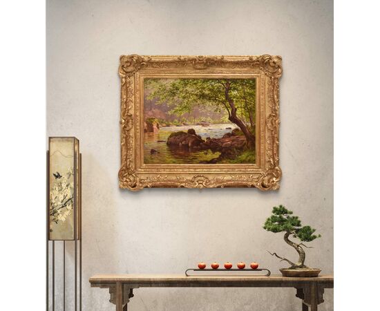 DIPINTI ANTICHI PAESAGGI CON FIUME, EDMOND HIS, OLIO SU TELA, PRIMI DEL NOVECENTO. (QP703)