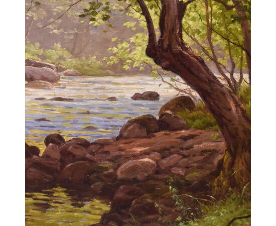 DIPINTI ANTICHI PAESAGGI CON FIUME, EDMOND HIS, OLIO SU TELA, PRIMI DEL NOVECENTO. (QP703)