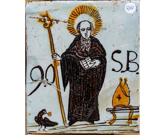 Mattonella  con San Benedtto - Manifattura Laterza - XIX secolo
