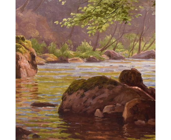 DIPINTI ANTICHI PAESAGGI CON FIUME, EDMOND HIS, OLIO SU TELA, PRIMI DEL NOVECENTO. (QP703)