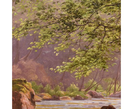 DIPINTI ANTICHI PAESAGGI CON FIUME, EDMOND HIS, OLIO SU TELA, PRIMI DEL NOVECENTO. (QP703)